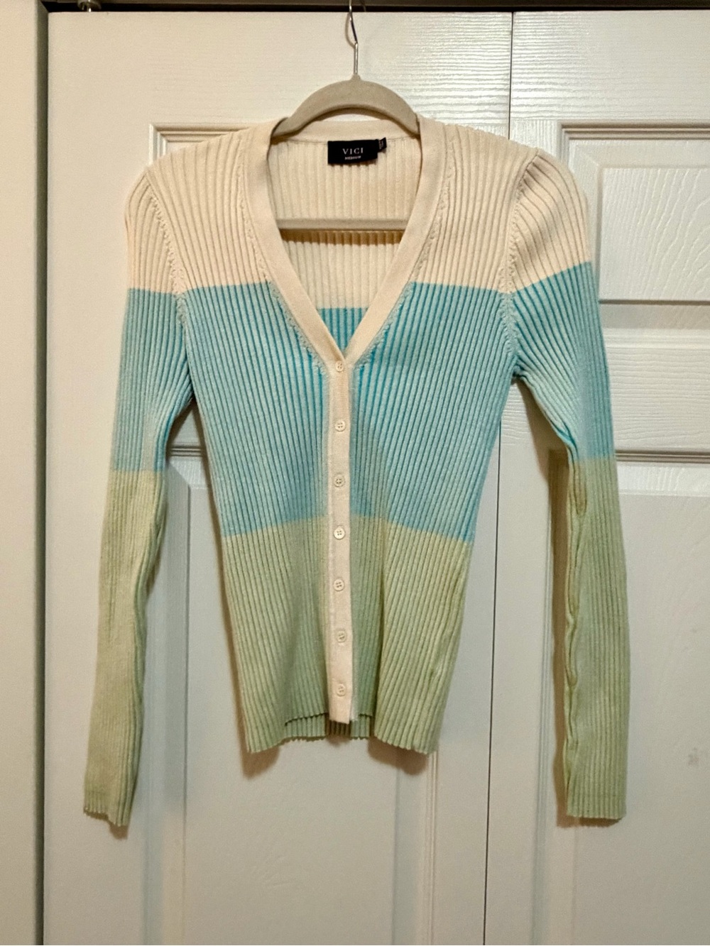 VICI Cream, Aqua & Light Green Ribbed Button-Front Cardigan